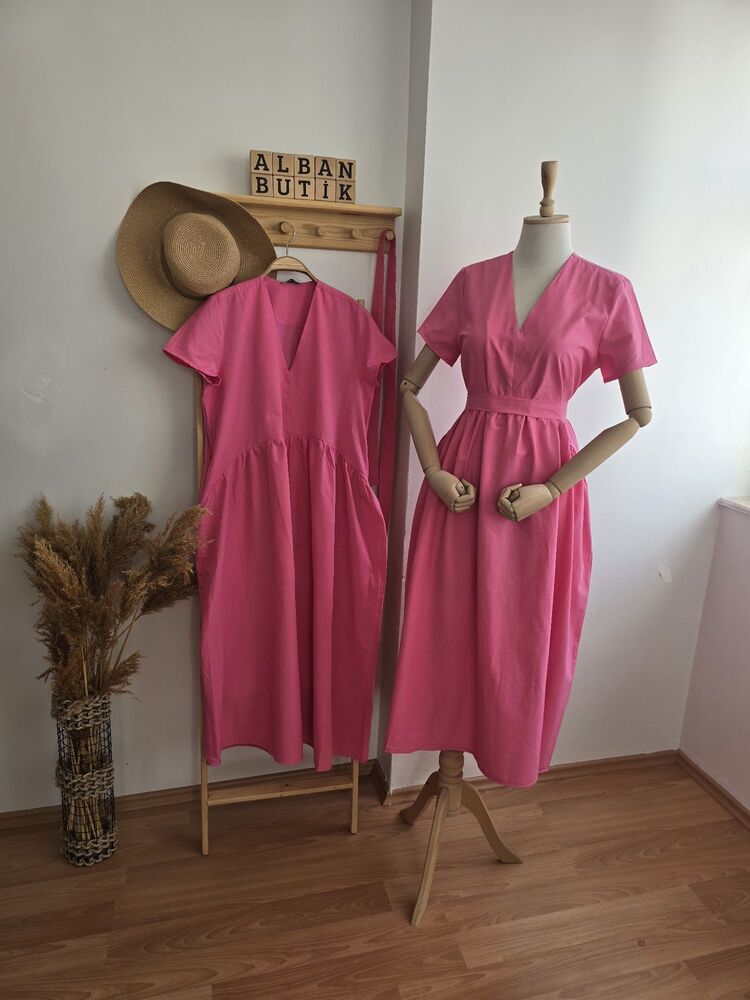 Pembe Lüks kalite Kemerli Elbise(beden seçimi için açıklamayı okuyun)