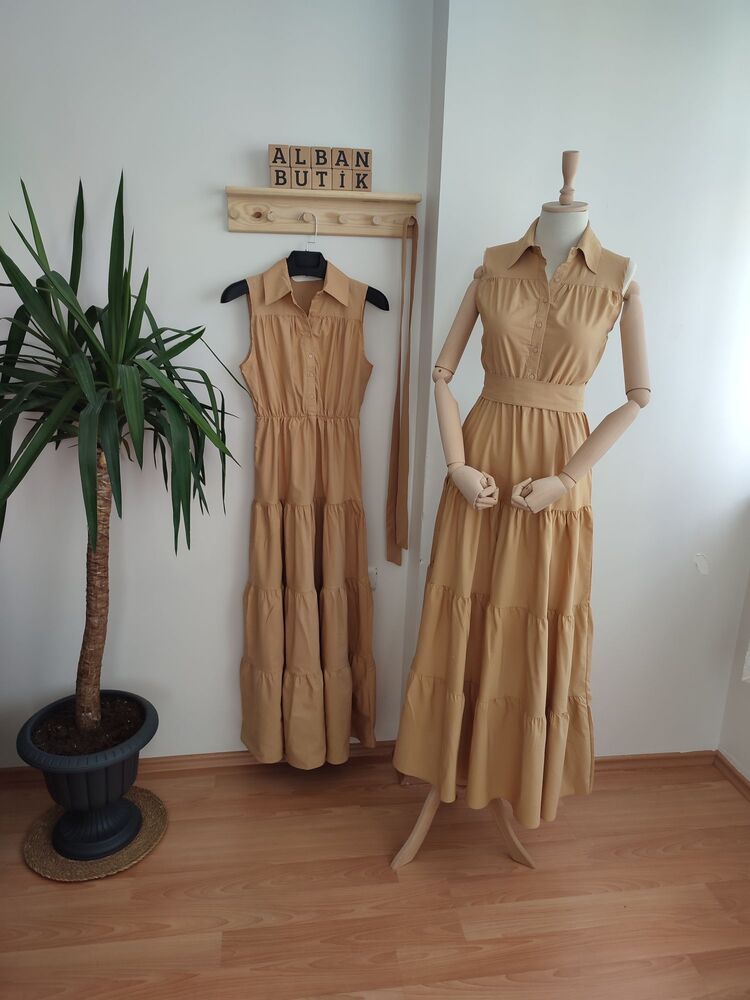 Bej Bağlamalı Poplin Kumaş Maxi Elbise