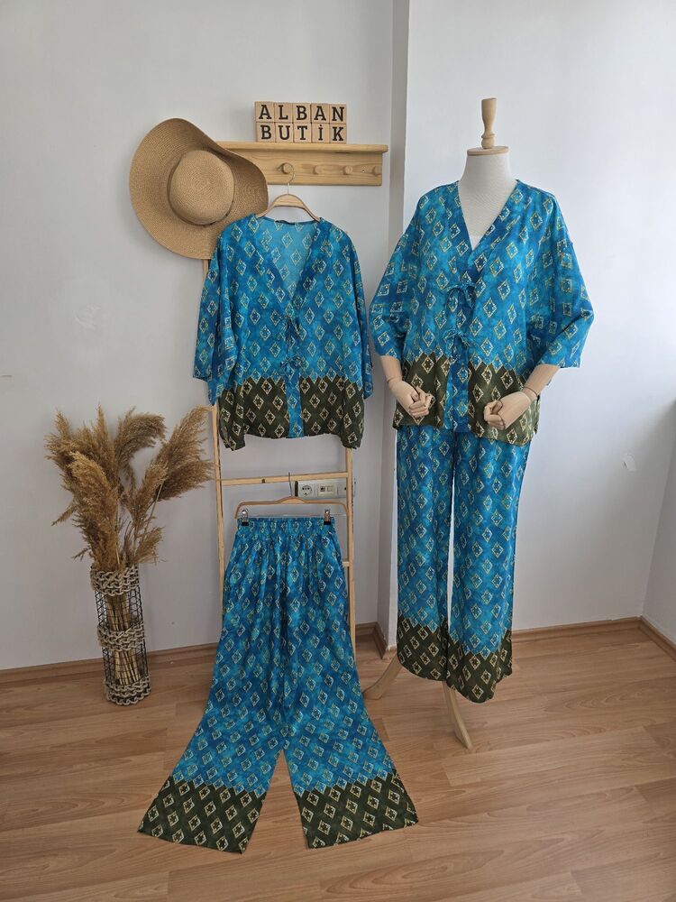Mavi Yeşil Desenli Kimono Takımı