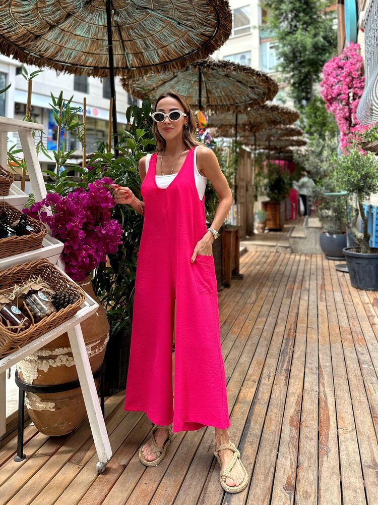 Pembe Ayrobin Kumaş Cepli Salopet Tulum