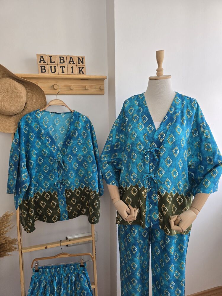 Mavi Yeşil Desenli Kimono Takımı