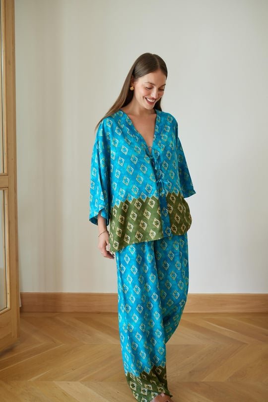 Mavi Yeşil Desenli Kimono Takımı
