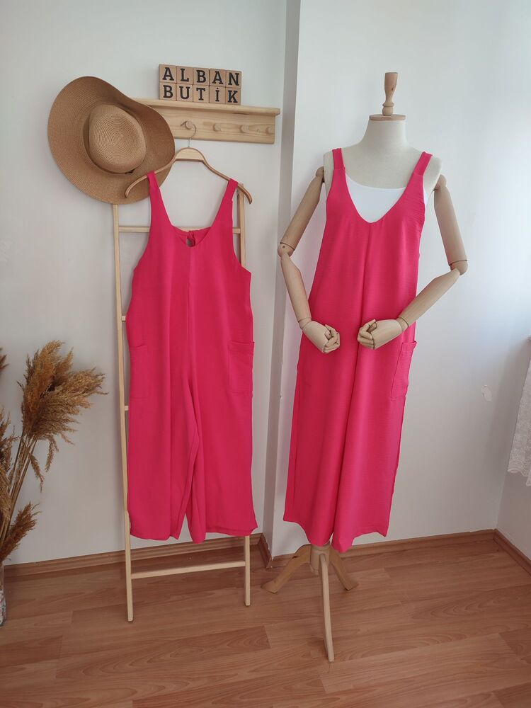 Pembe Ayrobin Kumaş Cepli Salopet Tulum