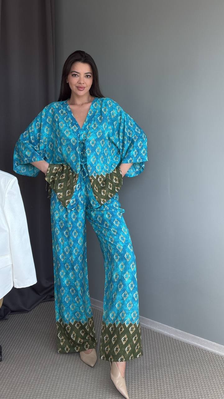Mavi Yeşil Desenli Kimono Takımı
