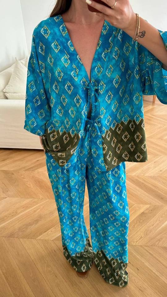 Mavi Yeşil Desenli Kimono Takımı