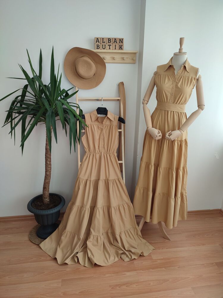 Bej Bağlamalı Poplin Kumaş Maxi Elbise