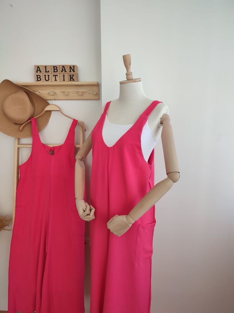 Pembe Ayrobin Kumaş Cepli Salopet Tulum
