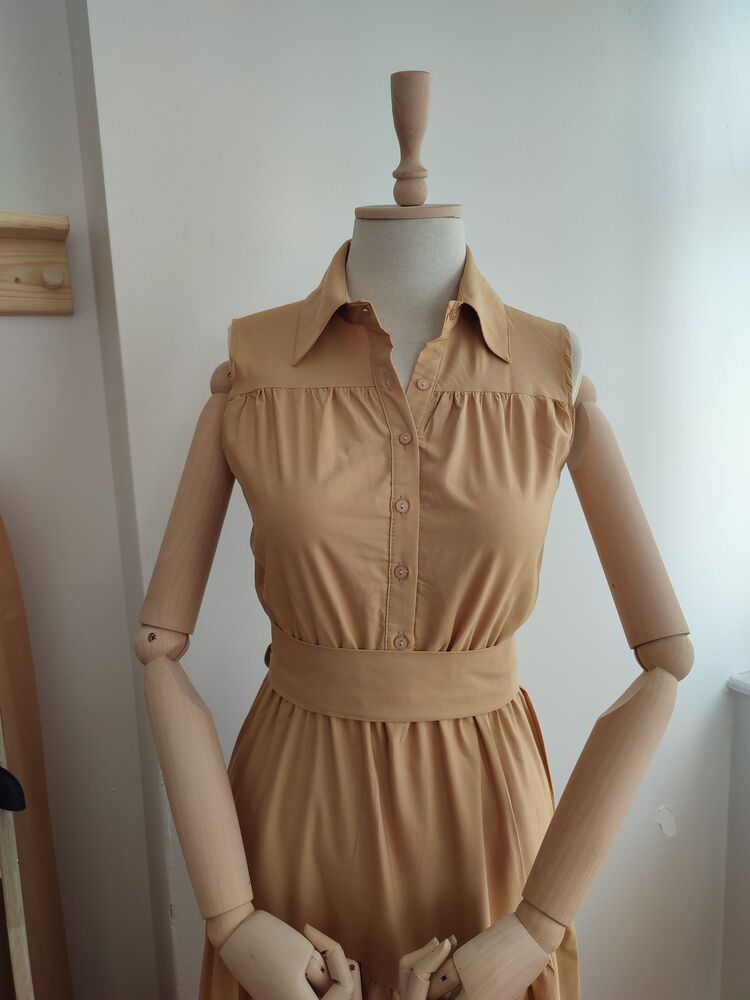 Bej Bağlamalı Poplin Kumaş Maxi Elbise