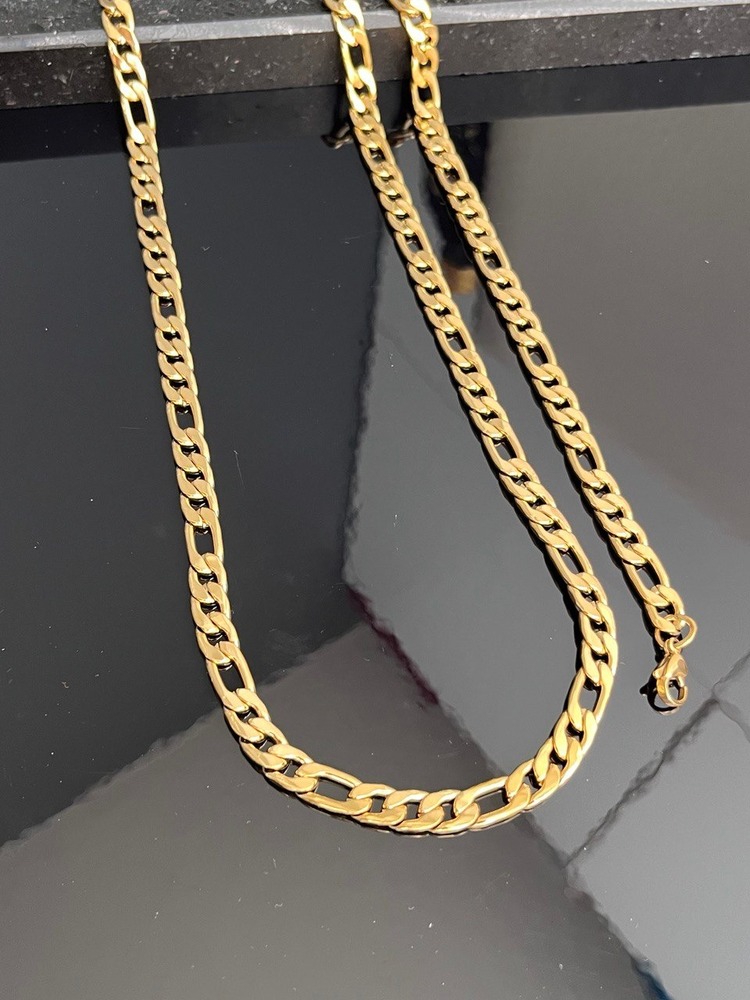 Gold Renk Figaro Tarz Zincir Çelik Kolye + Bileklik Seti