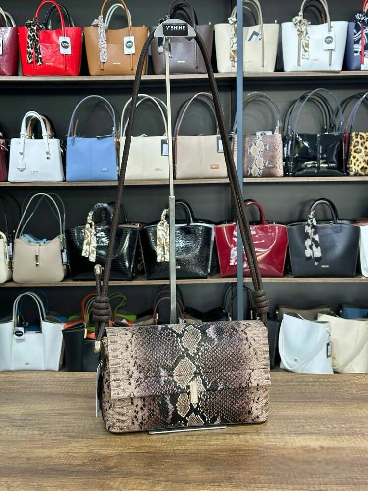 Bağcık Detaylı Çapraz Çanta Kahve Yılan Desen