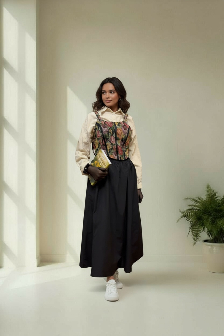 Vintage çiçek detaylı siyah korse büstiyer
