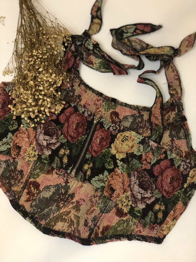 Vintage çiçek detaylı siyah korse büstiyer