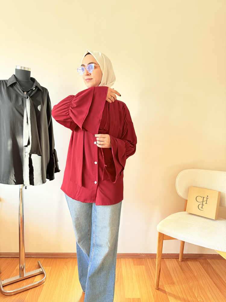 Şık ve Rahat Katmanlı Kol Detaylı Bordo Gömlek