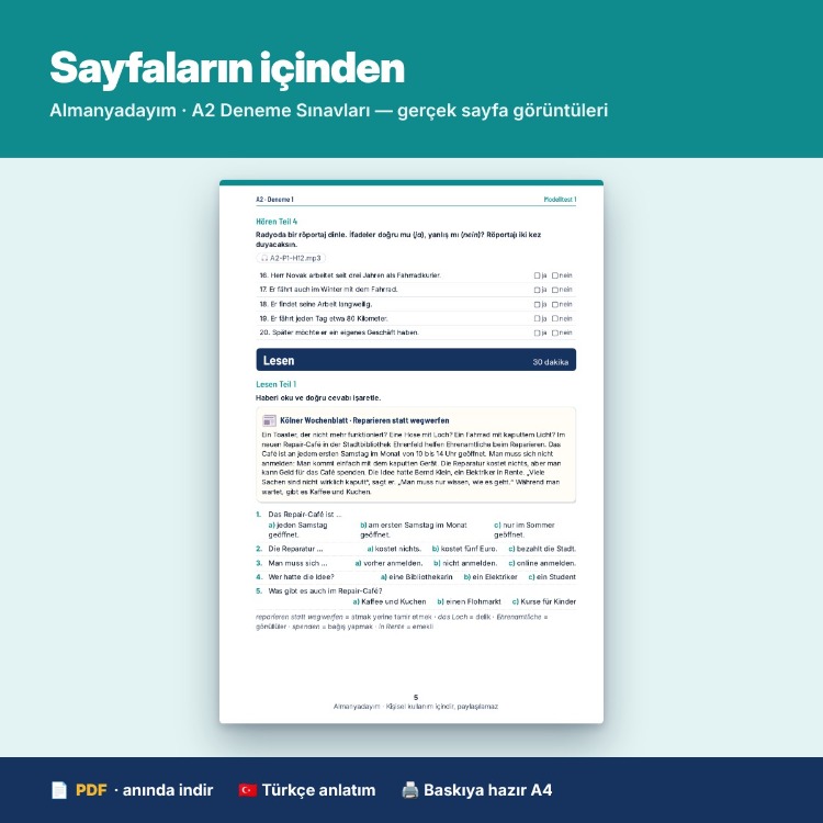 Almanca A2 Deneme Sınavları – 3 Tam Deneme (Goethe-Zertifikat A2 yapısında)