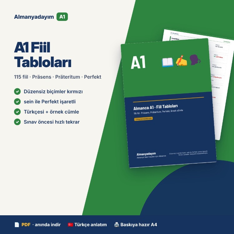 Almanca A1 Fiil Tabloları – 115 Fiil (Präsens, Präteritum, Perfekt)