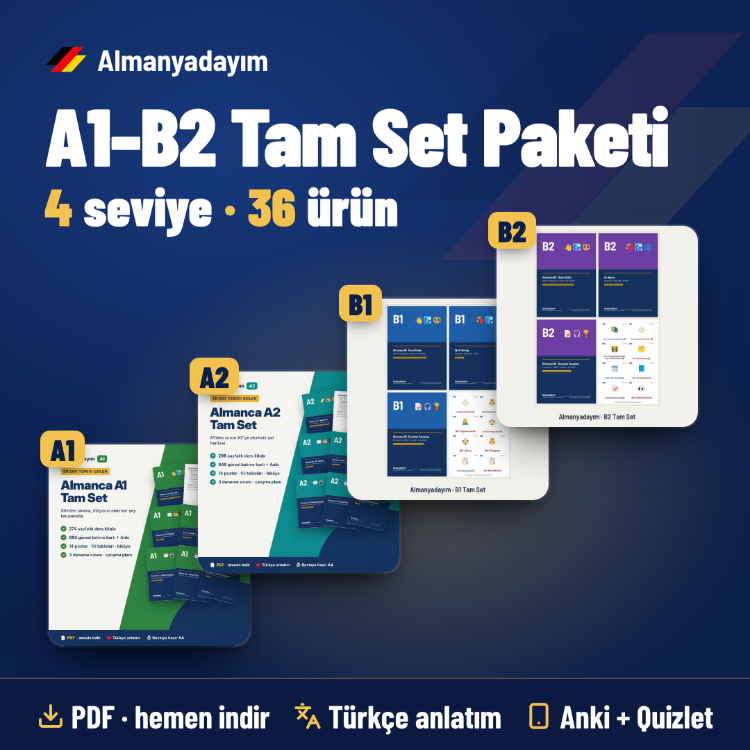 Almanca A1–B2 Tam Set Paketi – Dört Tam Set Birlikte (PDF + Anki)