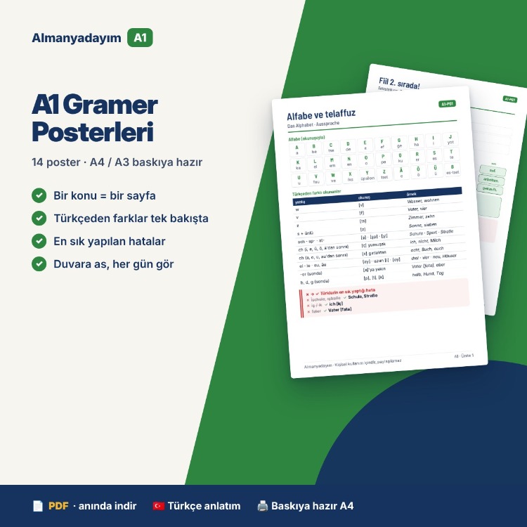 Almanca A1 Gramer Posterleri – 14 Poster (A4/A3, PDF)