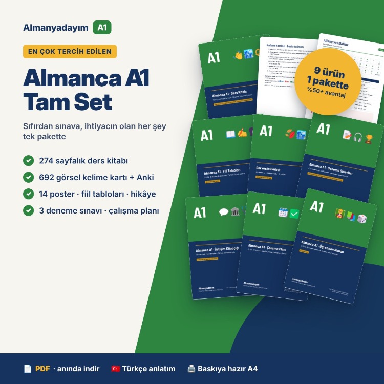 Almanca A1 Tam Set – Sıfırdan A1'e Eksiksiz Çalışma Seti (PDF + Anki)