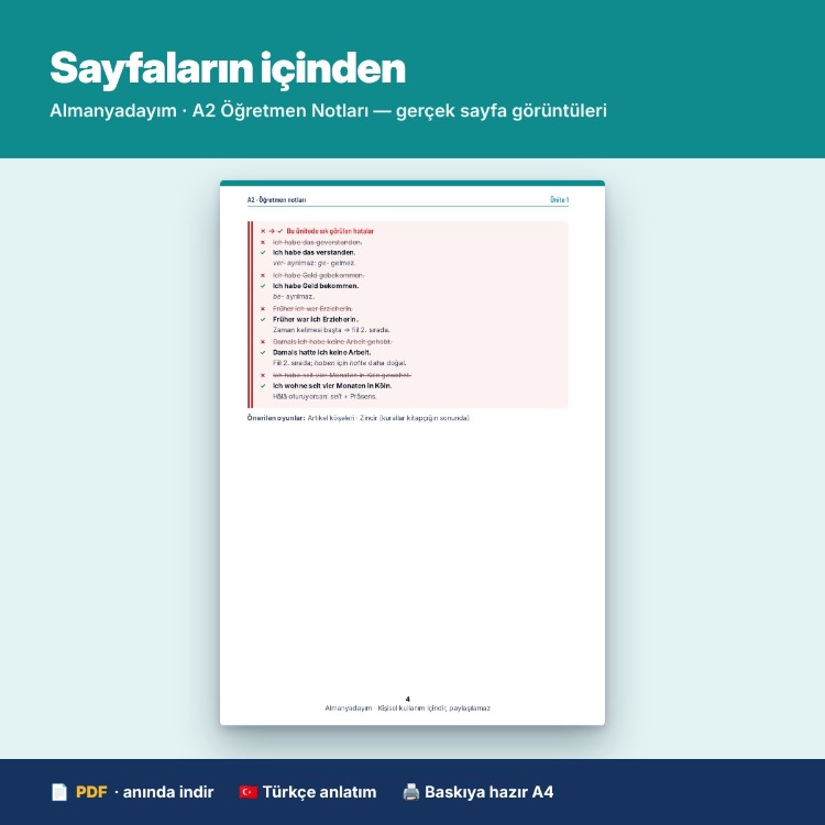 Almanca A2 Öğretmen Notları – Kurum Lisansı (Kurslar ve Öğretmenler İçin)