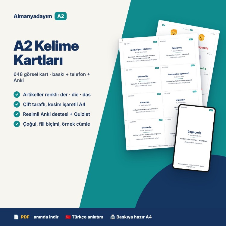 Almanca A2 Kelime Kartları – 648 Görsel Kart + Anki & Quizlet