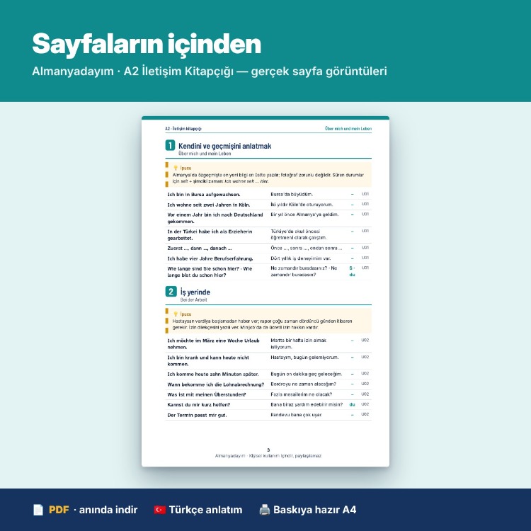 Almanca A2 İletişim Kitapçığı – 106 Hazır Kalıp, 15 Durum