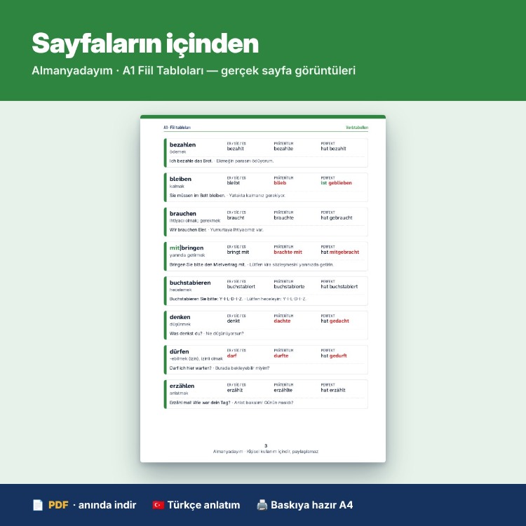 Almanca A1 Fiil Tabloları – 115 Fiil (Präsens, Präteritum, Perfekt)
