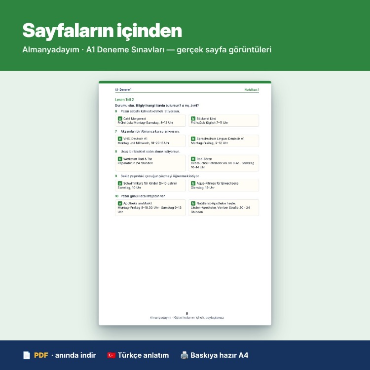 Almanca A1 Deneme Sınavları – 3 Tam Deneme (Start Deutsch 1 / telc A1 yapısında)