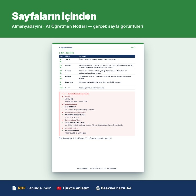 Almanca A1 Öğretmen Notları – Kurum Lisansı (Kurslar ve Öğretmenler İçin)