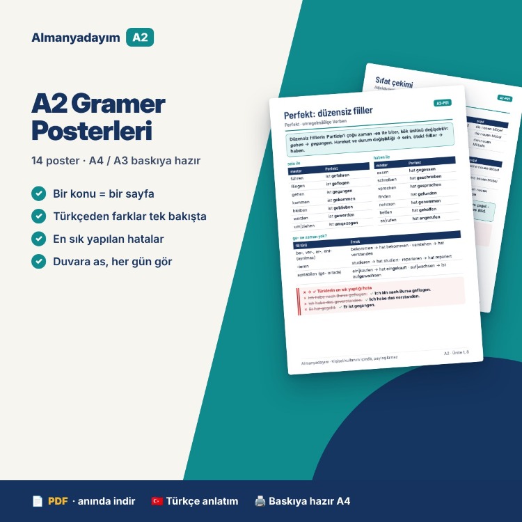 Almanca A2 Gramer Posterleri – 14 Poster (A4/A3, PDF)