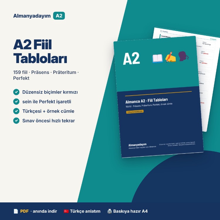 Almanca A2 Fiil Tabloları – 159 Fiil (Präsens, Präteritum, Perfekt)