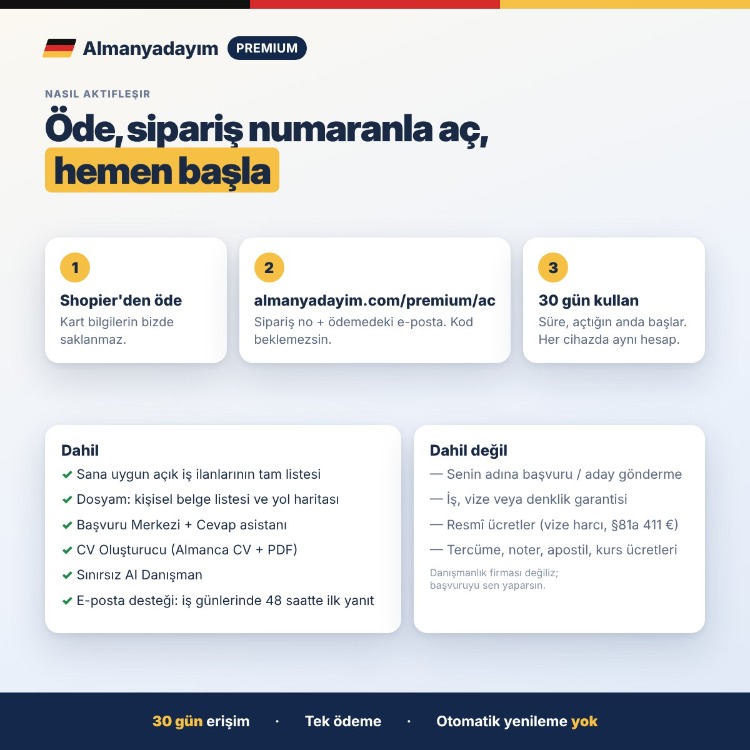 Almanyadayım Premium – Almanya İş İlanları, Almanca Başvuru ve CV Araçları (30 Gün)