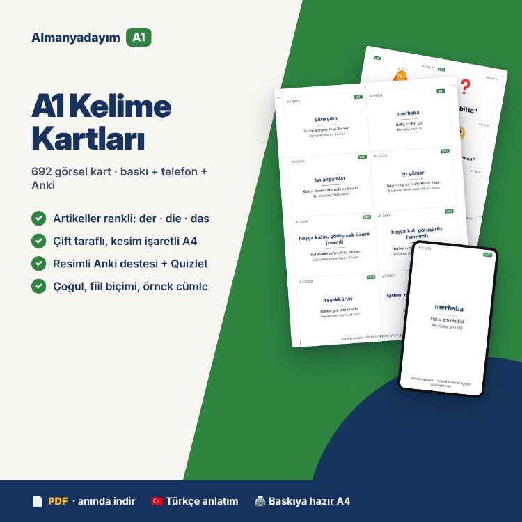 Almanca A1 Kelime Kartları – 692 Görsel Kart + Anki & Quizlet
