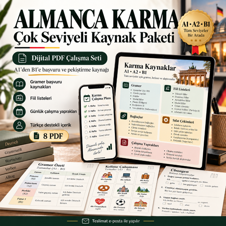 Almanca Karma Kaynak Paketi — A1’den B1’e Başvuru & Pekiştirme Seti