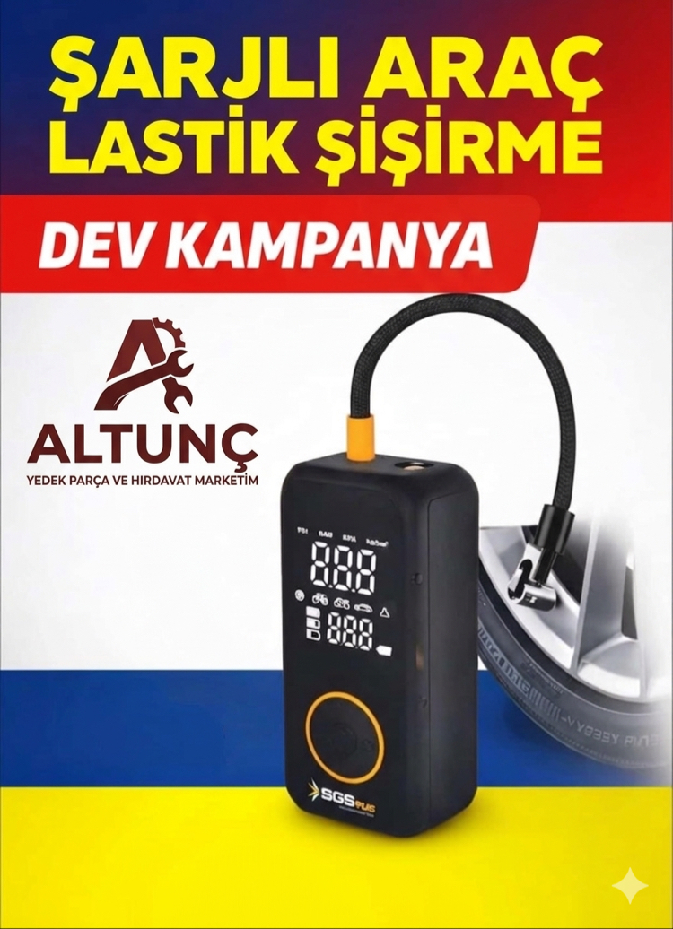 Şarjlı Araç Lastik Şişirme Pompası - Dijital Ekranlı & Portatif - SGS Plus