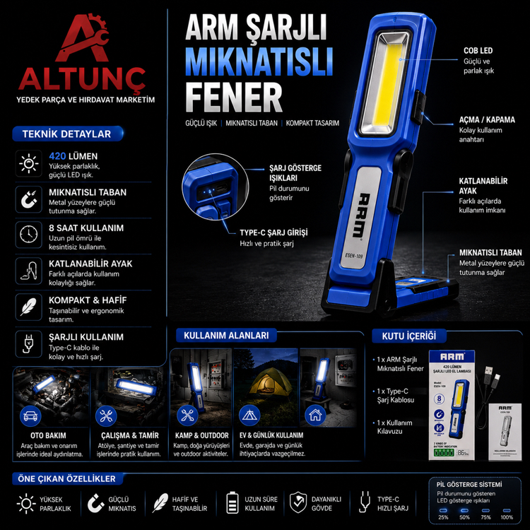 ARM Şarjlı Mıknatıslı Fener – 420 Lumen