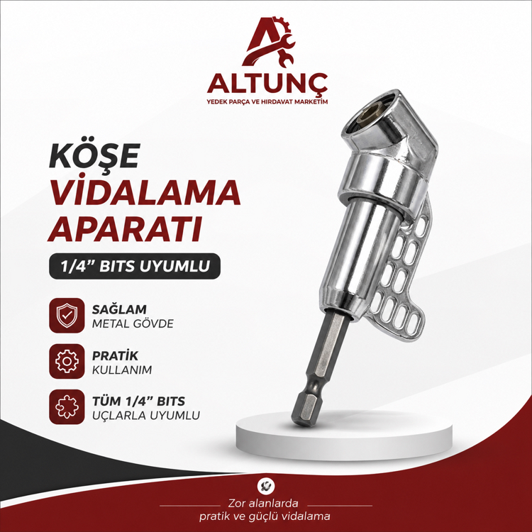 1/4” Bits Uyumlu Köşe Vidalama Aparatı (90° Açılı Metal)
