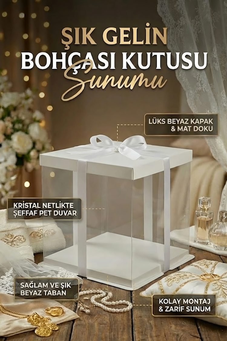 Beyaz Şeffaf Hediye Kutusu Lüks Sunum ve Bohça Kutusu