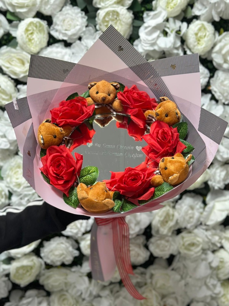 Aynalı ve LEDLİ Işıklı Ayıcık Gül Buket
