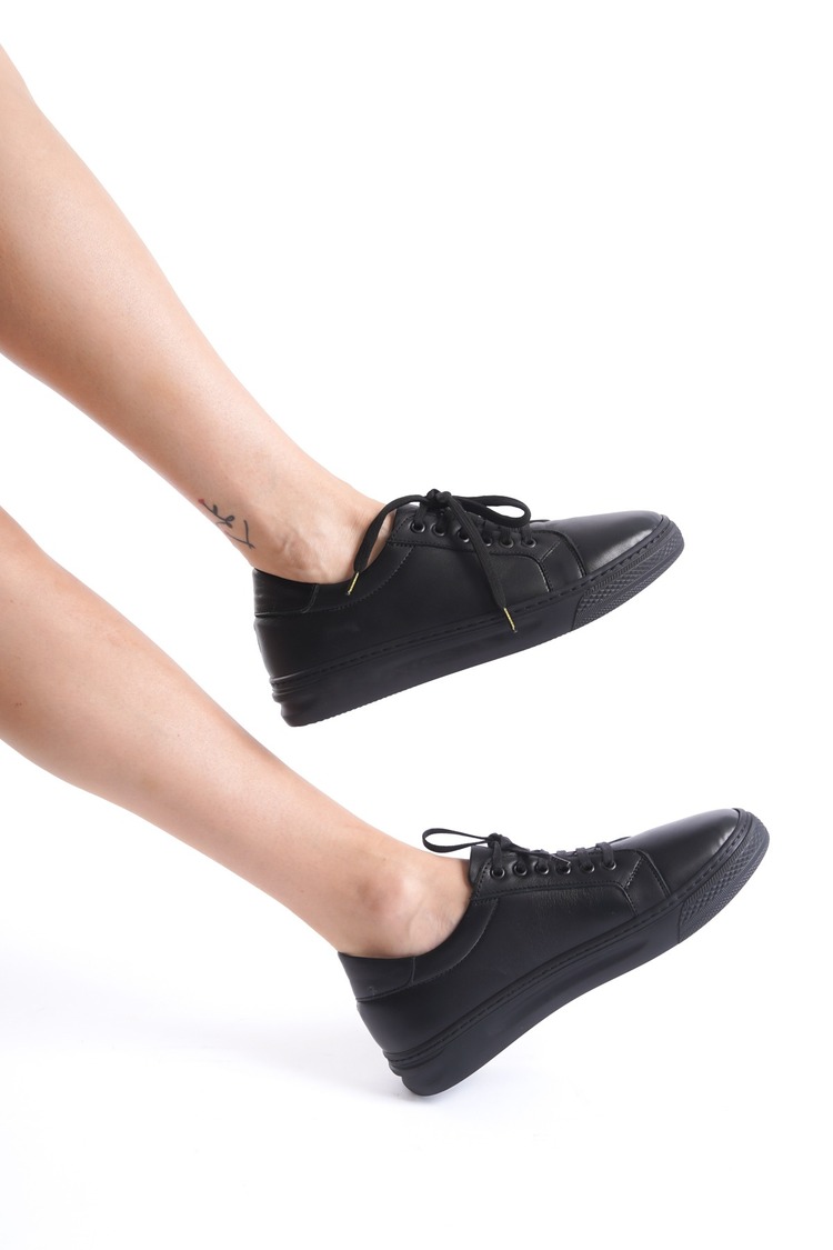 Hakiki Deri Siyah Kadın Sneaker Ayakkabı