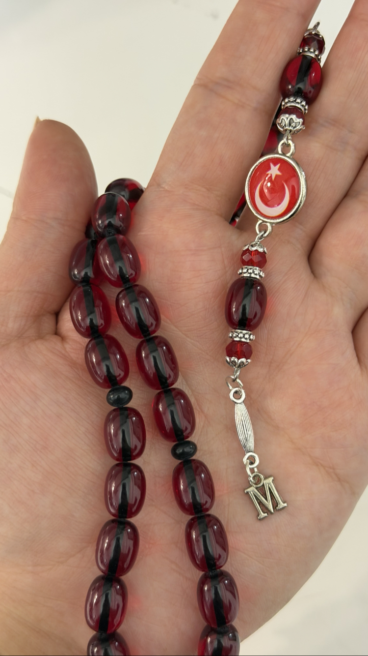 kırmızı ateş kehribarı harfli bayraklı tesbih