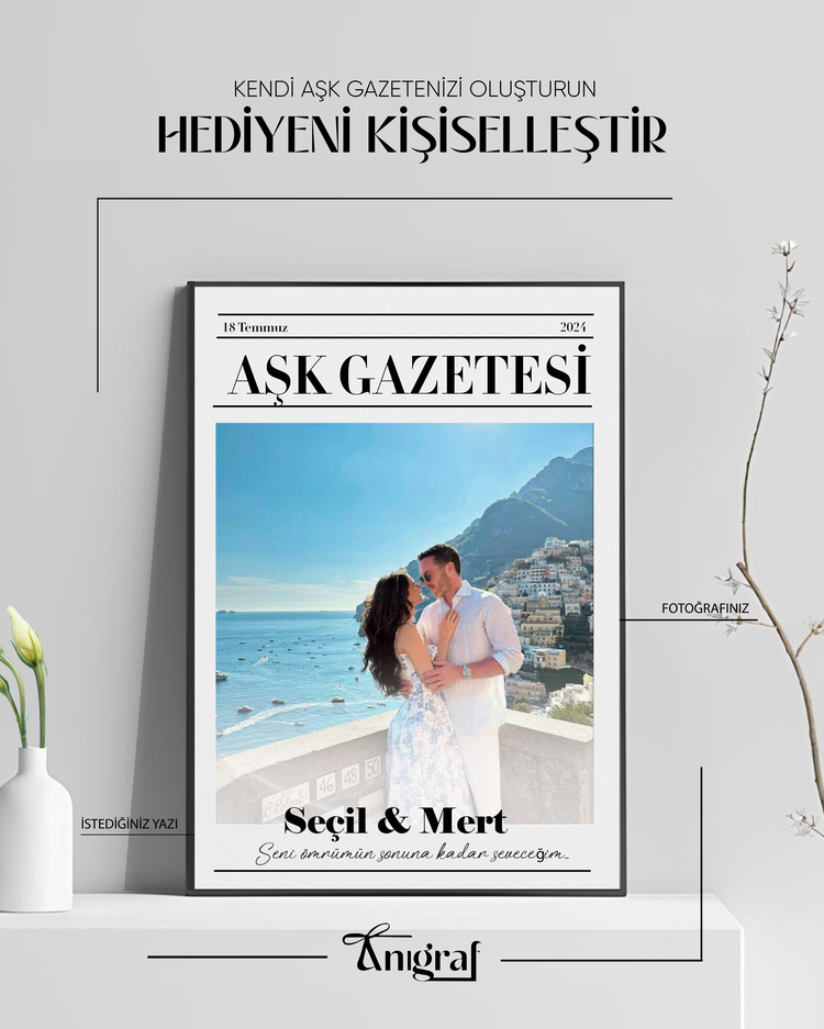 Kişiye Özel Aşk & Anı Gazetesi Çerçevesi | Sevgiliye ve Arkadaşlara Özel Hediye