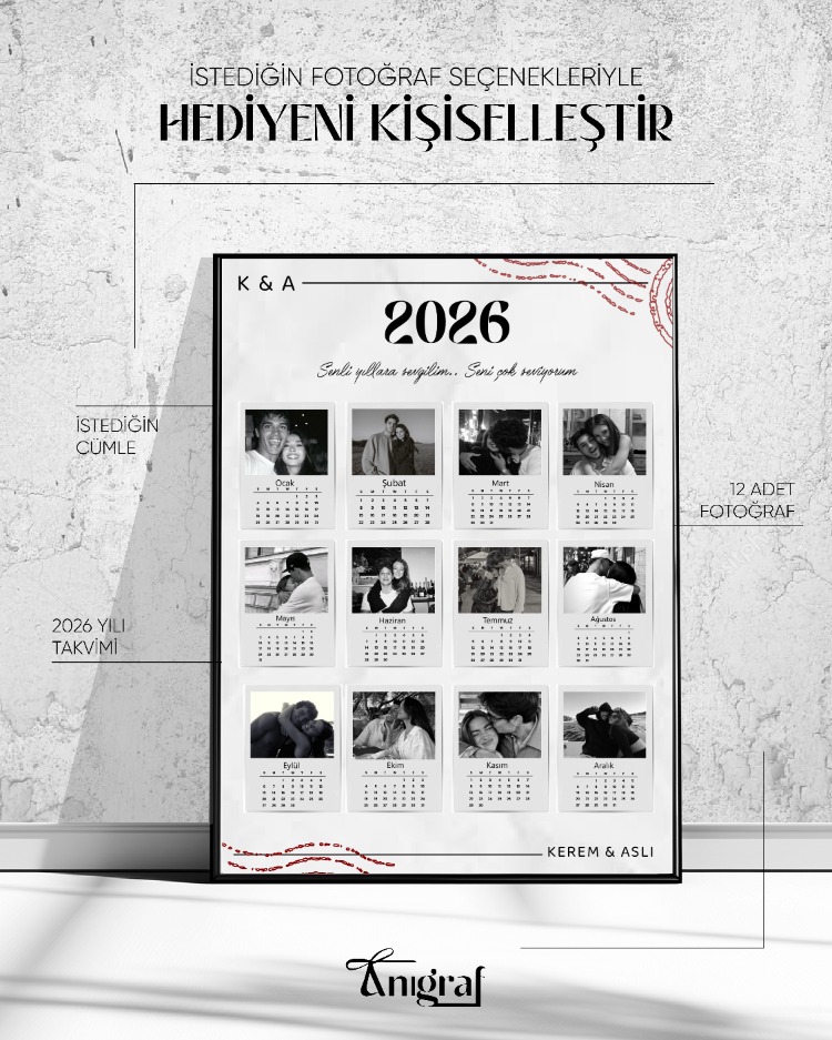 12 Ay Fotoğraflı Kişiye Özel Takvim 2026 | İsimli Çerçeve | Yılbaşı Hediyesi