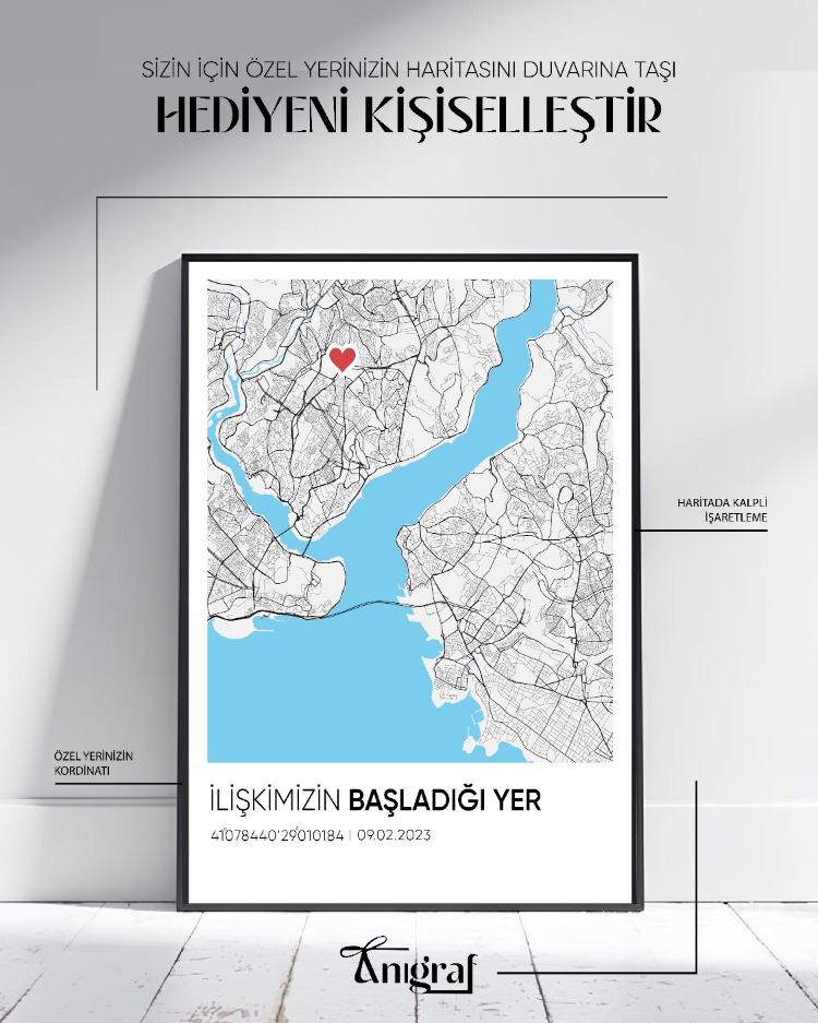 Kişiye Özel Şehir Haritası Tablo Koordinatlı & Kalpli İşaretli Anı Posteri