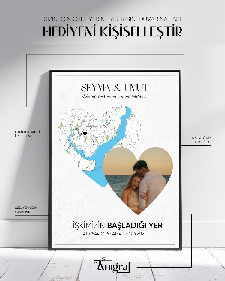 Kişiye Özel Kalpli Harita Tablo – Fotoğraflı ve Koordinatlı Anlamlı Hediye