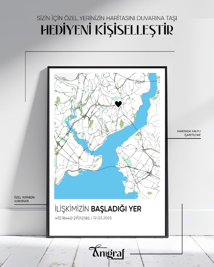 Kişiye Özel Şehir Haritası Tablo Koordinatlı & Kalpli İşaretli Anı Posteri