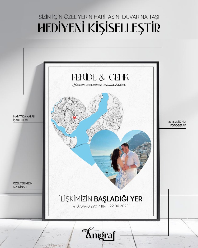 Kişiye Özel Kalpli Harita Tablo – Fotoğraflı ve Koordinatlı Anlamlı Hediye