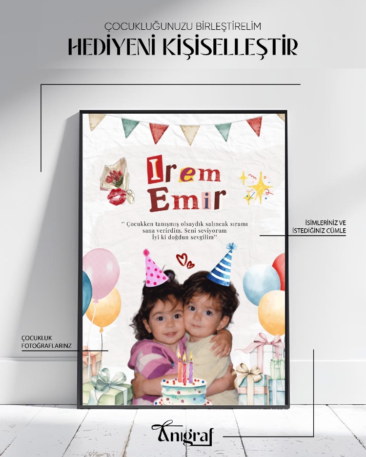 Kişiye Özel Çocukluk Fotoğraflı Doğum Günü Tablosu – İsimli ve Mesajlı Anı Tasarımı