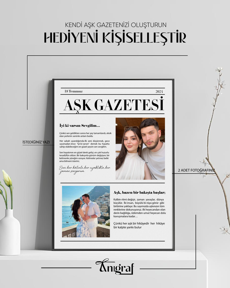 Kişiye Özel Aşk & Anı Gazetesi Çerçevesi | Sevgiliye ve Arkadaşlara Özel Hediye