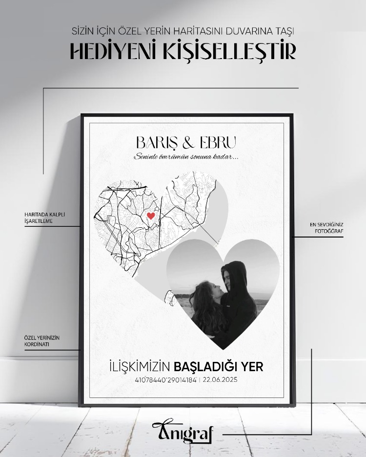 Kişiye Özel Kalpli Harita Tablo – Fotoğraflı ve Koordinatlı Anlamlı Hediye