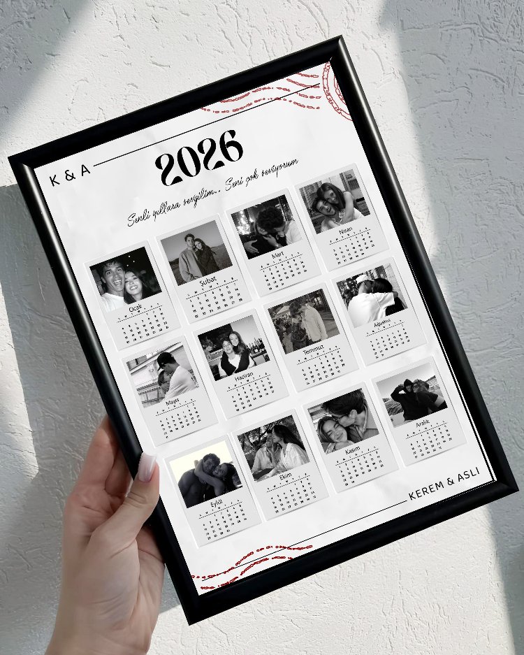 12 Ay Fotoğraflı Kişiye Özel Takvim 2026 | İsimli Çerçeve | Yılbaşı Hediyesi